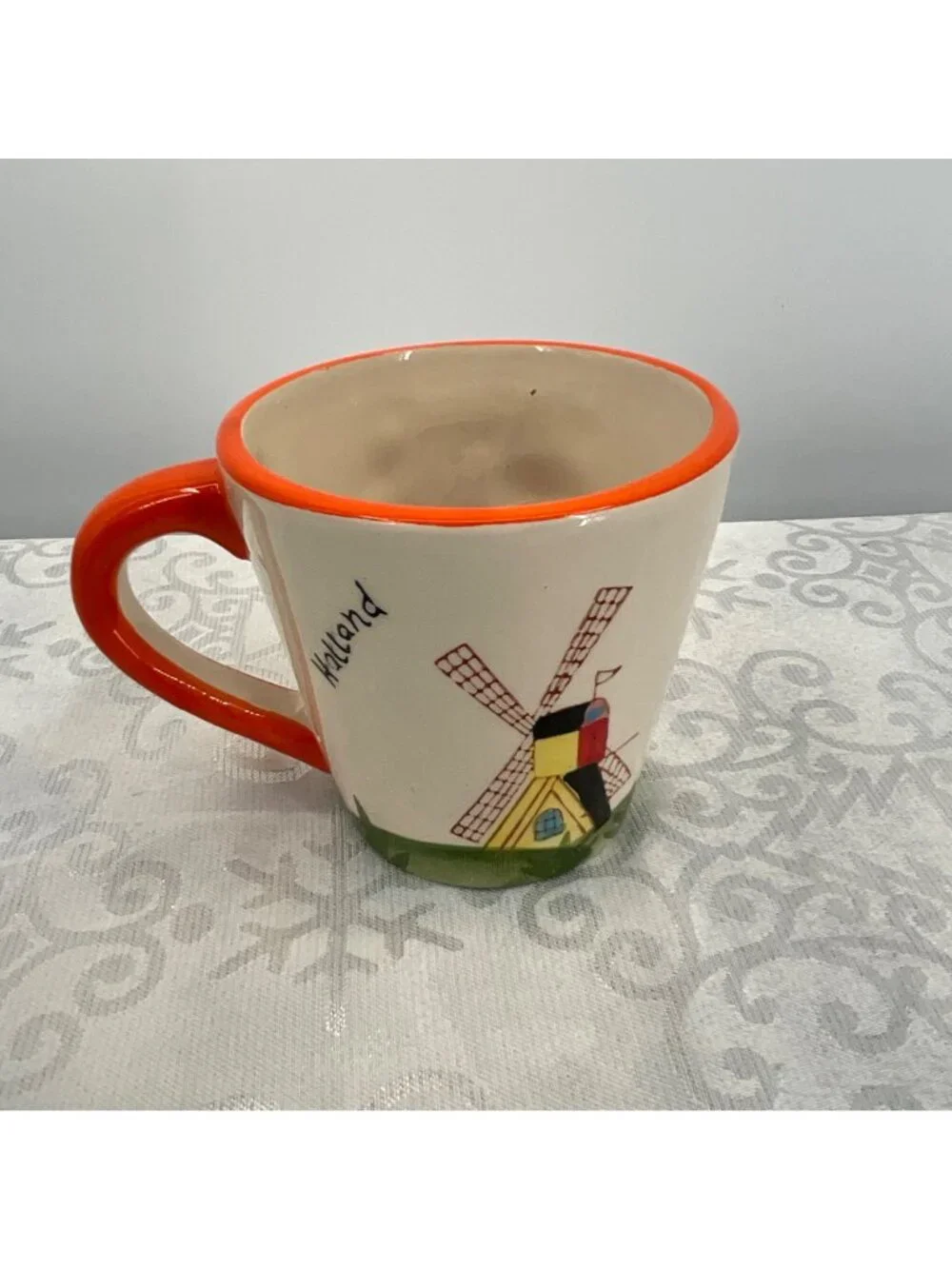 Hand painted Ceramic Cow Mug Holland Peek a Boo Mug Windmill Design Orange Rim &